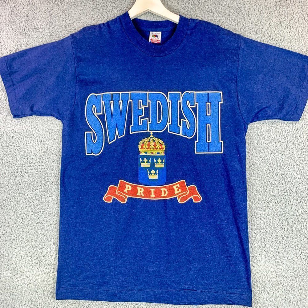Swedish Pride Shirt Mens Medium Blue Casual‎ Vintage Single Stitch FOTL USA Made